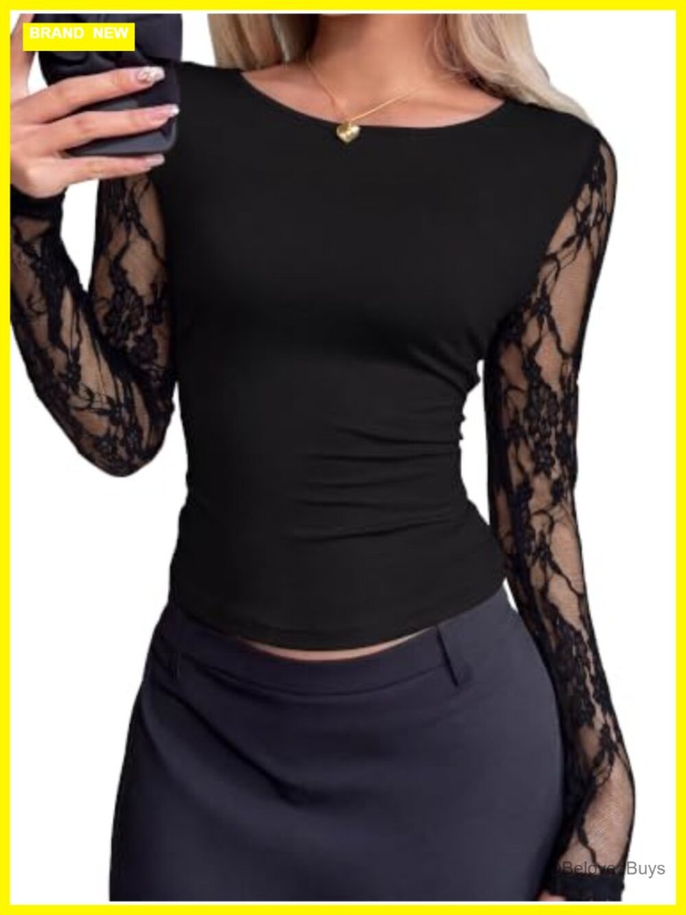 Women's Lace Long Sleeve Sheer Blouse Crew Neck Slim Fit Top